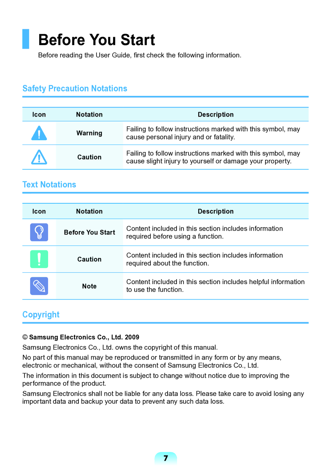 Samsung NP-N138-DA01RU Before You Start, Safety Precaution Notations, Text Notations, Copyright, Icon Notation Description 