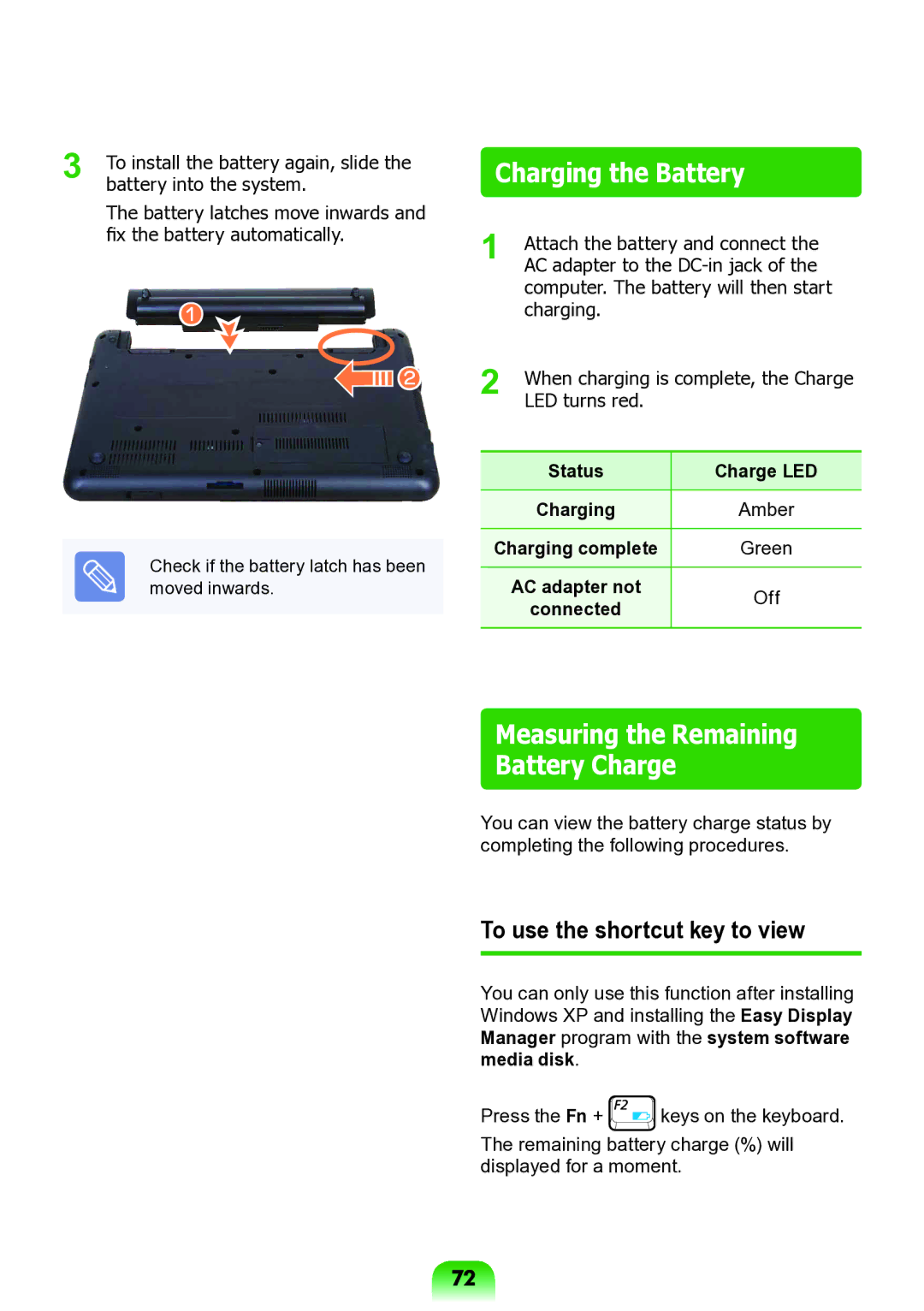 Samsung NP-N138-DA01RU manual Charging the Battery, Measuring the Remaining Battery Charge, To use the shortcut key to view 