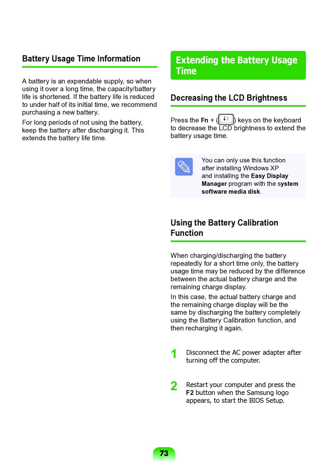 Samsung NP-N138-DA01RU Extending the Battery Usage Time, Battery Usage Time Information, Decreasing the LCD Brightness 