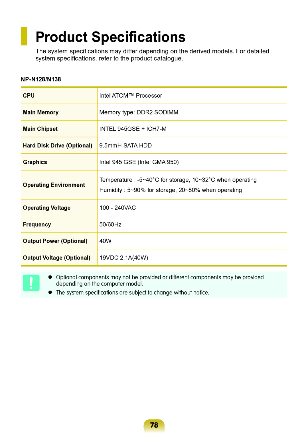 Samsung NP-N138-DA01RU manual Product Specifications 