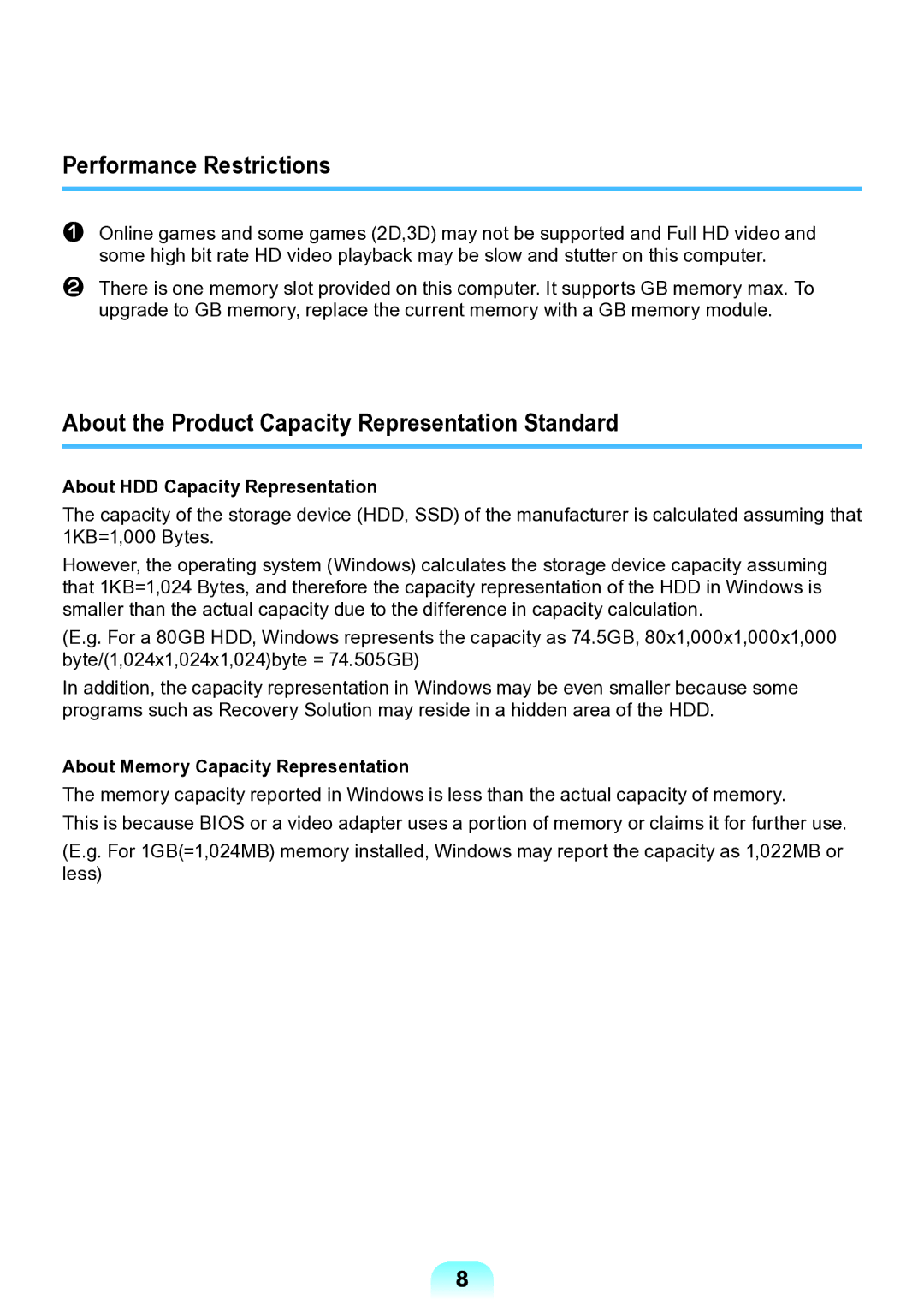 Samsung NP-N138-DA01RU manual Performance Restrictions, About the Product Capacity Representation Standard 