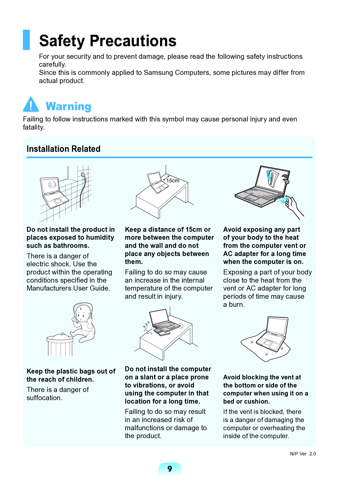 Samsung NP-N138-DA01RU manual Safety Precautions, Installation Related, Keep the plastic bags out of the reach of children 