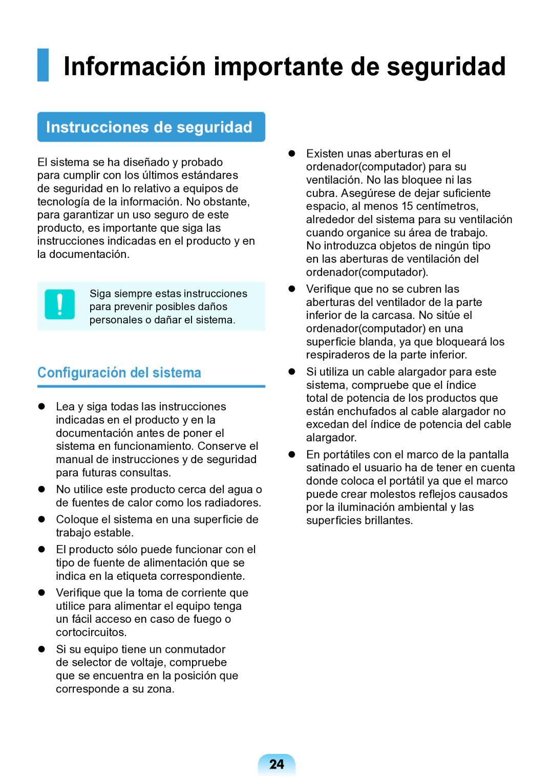 Samsung NP-N148-DPZ2ES, NP-N148-DPZ1ES, NP-N148-DPZ3ES manual Información importante de seguridad, Configuración del sistema 