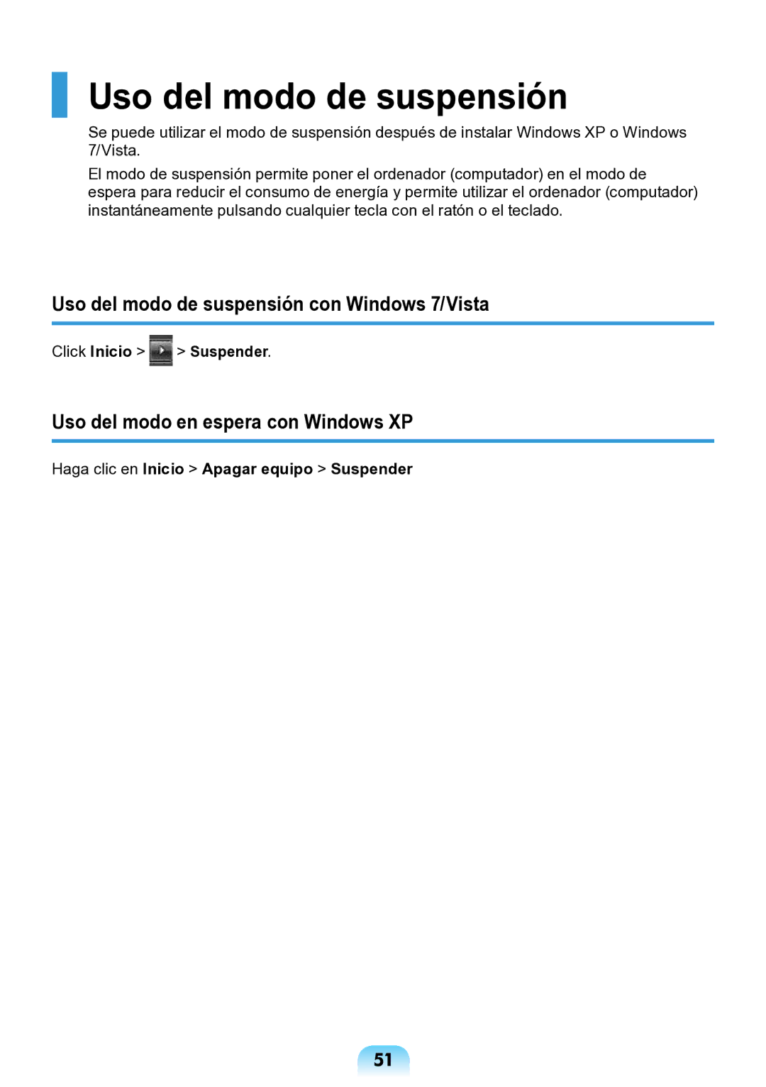 Samsung NP-N143-APZ1ES manual Uso del modo de suspensión con Windows 7/Vista, Uso del modo en espera con Windows XP 