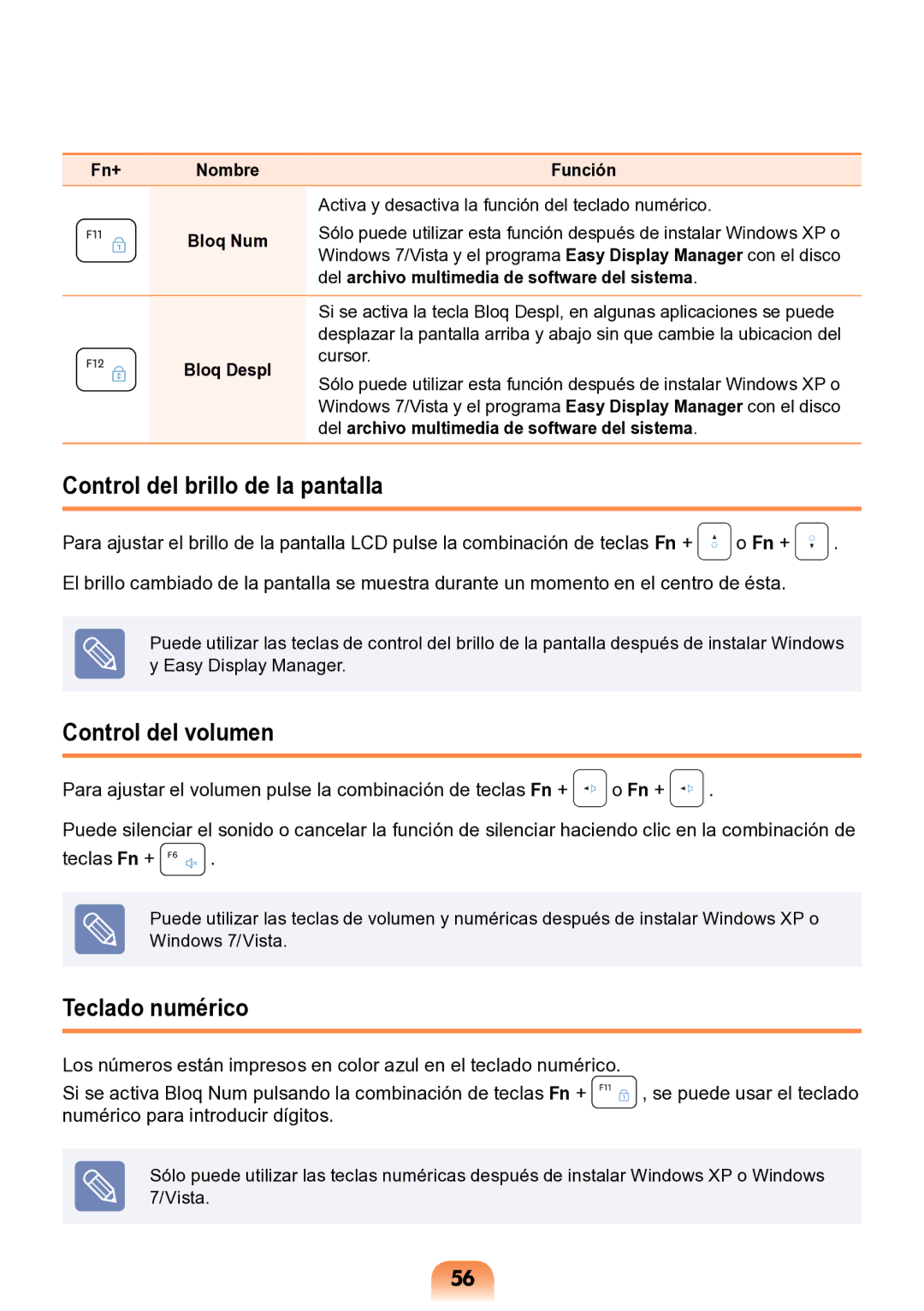 Samsung NP-N148-DPZ2ES, NP-N148-DPZ1ES manual Control del brillo de la pantalla, Control del volumen, Teclado numérico 