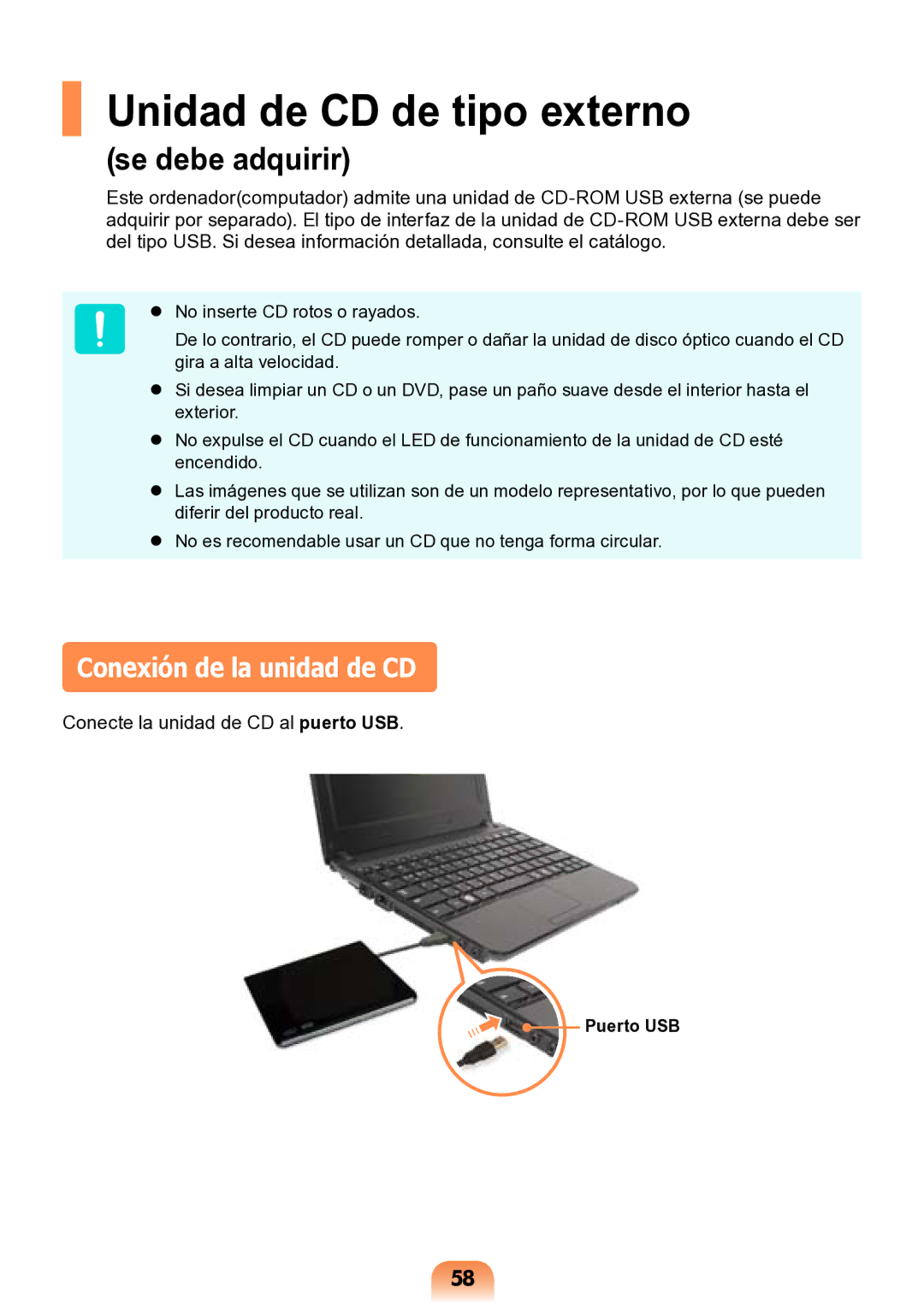 Samsung NP-N148-DPZ3ES, NP-N148-DPZ2ES, NP-N148-DPZ1ES manual Unidad de CD de tipo externo, Conexión de la unidad de CD 