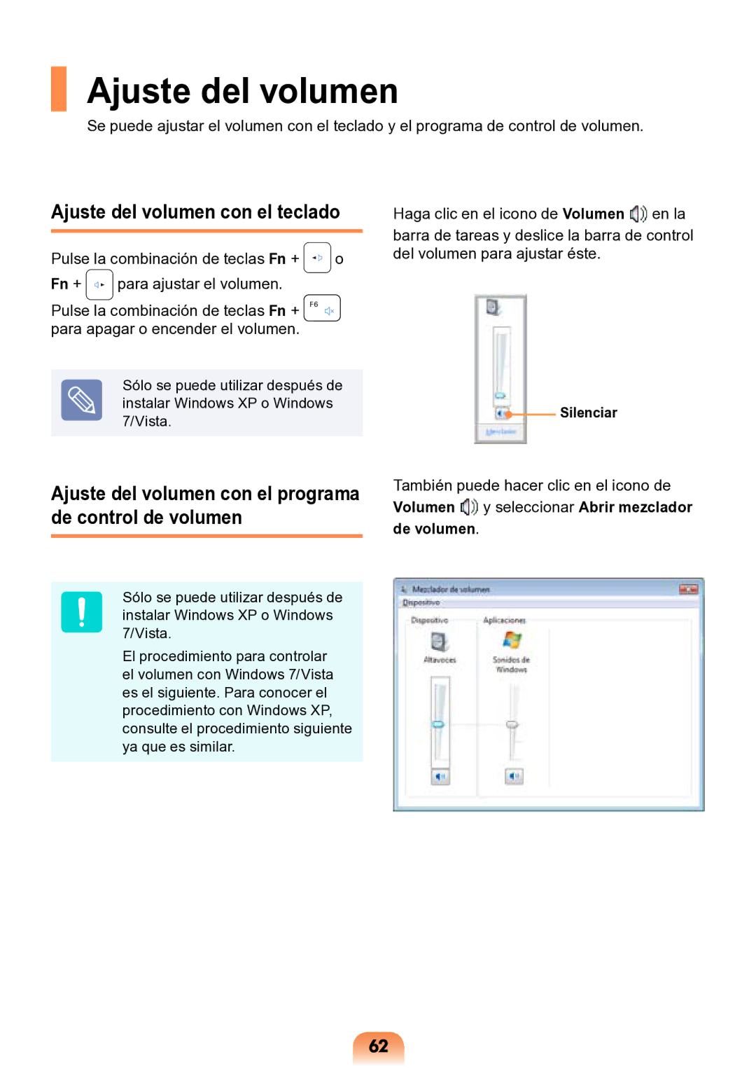 Samsung NP-N148-DPZ3ES Ajuste del volumen con el teclado, Ajuste del volumen con el programa de control de volumen 