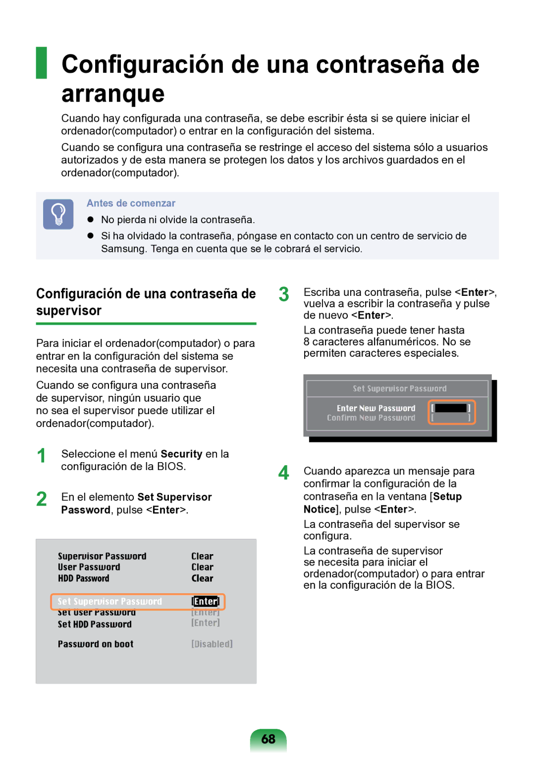 Samsung NP-N148-DPZ2ES manual Configuración de una contraseña de arranque, Configuración de una contraseña de supervisor 