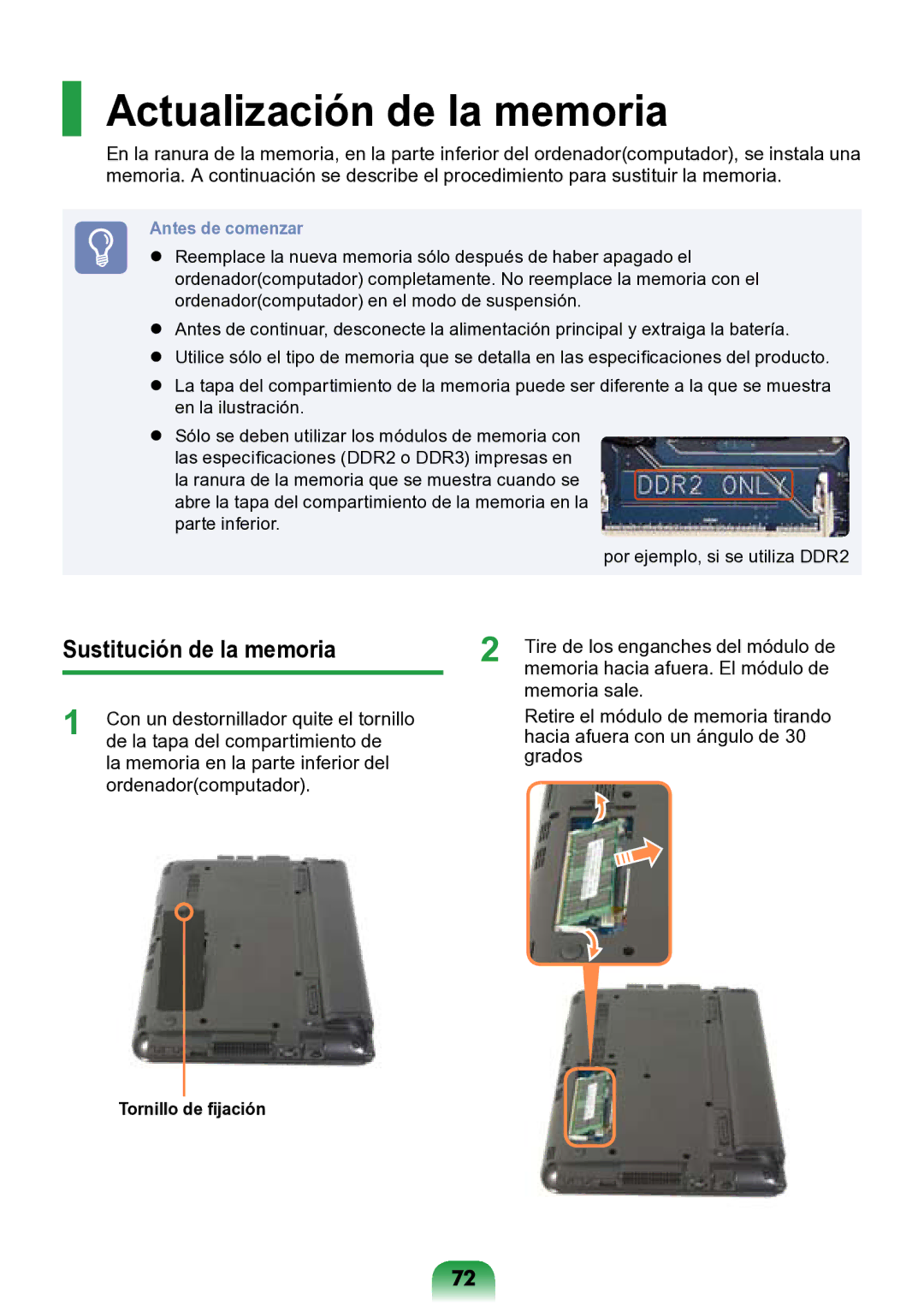 Samsung NP-N148-DPZ2ES, NP-N148-DPZ1ES manual Actualización de la memoria, Sustitución de la memoria, Tornillo de fijación 