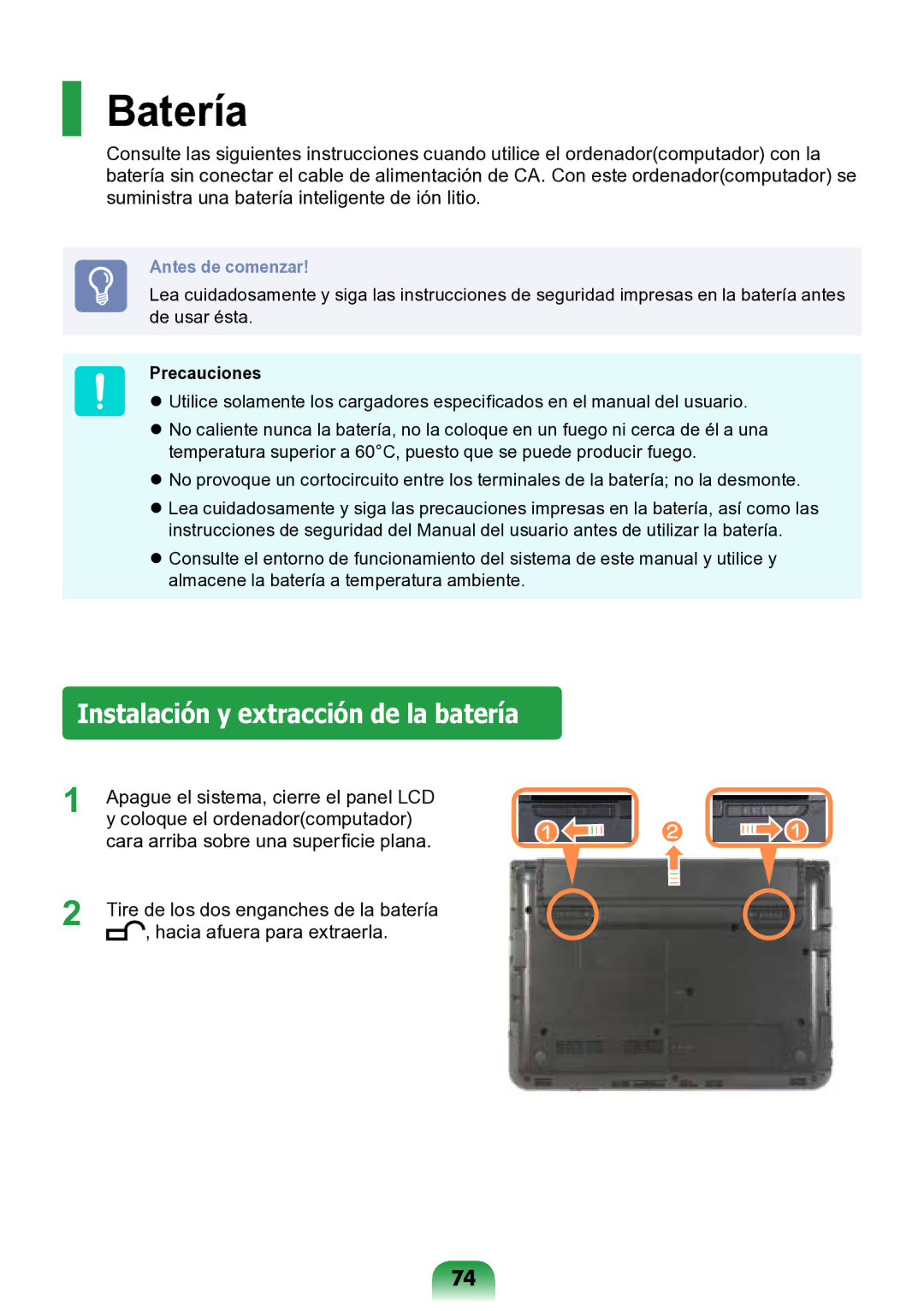 Samsung NP-N148-DPZ3ES, NP-N148-DPZ2ES, NP-N148-DPZ1ES manual Batería, Instalación y extracción de la batería, Precauciones 