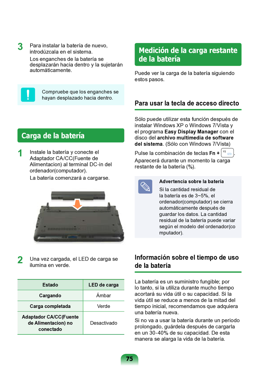 Samsung NP-N143-APZ1ES, NP-N148-DPZ2ES, NP-N148-DPZ1ES Carga de la batería, Medición de la carga restante de la batería 