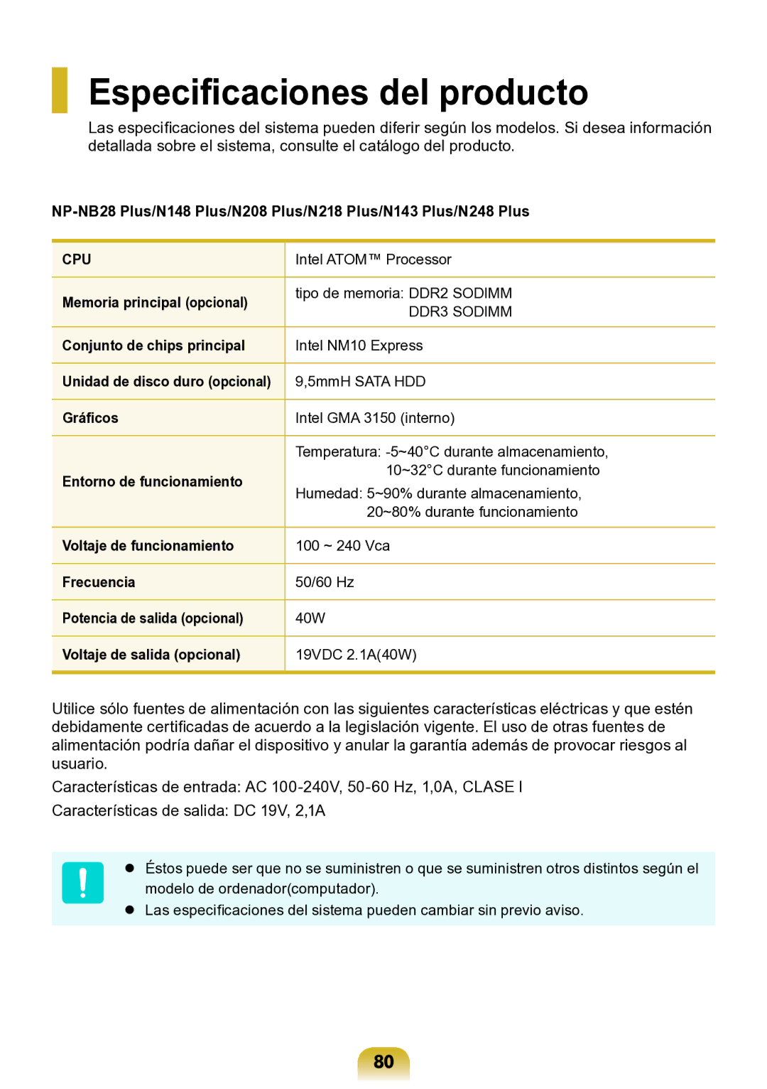 Samsung NP-N148-DPZ2ES, NP-N148-DPZ1ES, NP-N148-DPZ3ES, NP-N143-APZ1ES manual Especificaciones del producto 