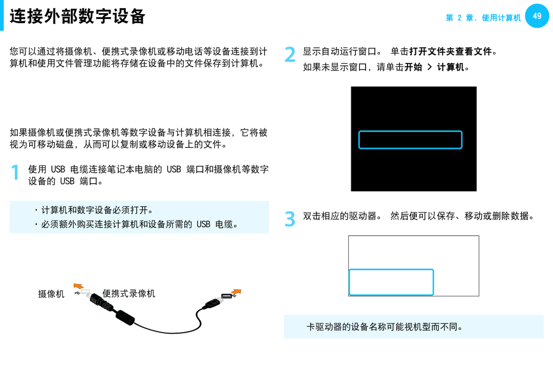 Samsung NP-N150-JP01HU 连接外部数字设备, 连接和使用摄像机或便携式录像机, 使用 Usb 电缆连接笔记本电脑的 Usb 端口和摄像机等数字 设备的 Usb 端口。, 双击相应的驱动器。 然后便可以保存、移动或删除数据。 