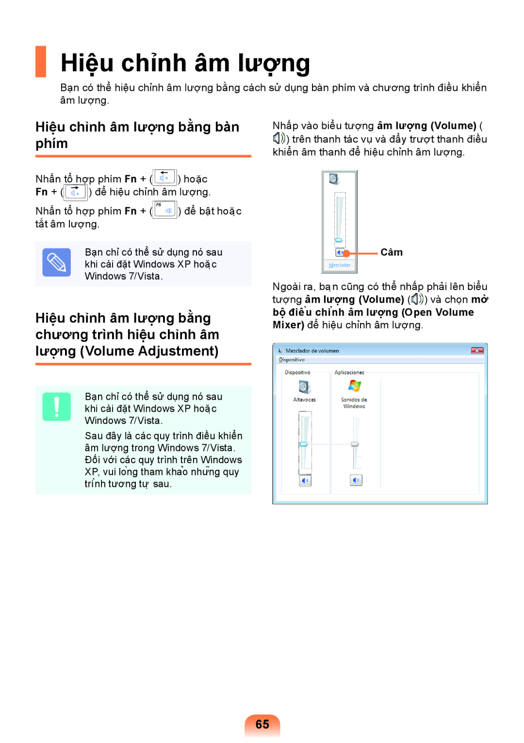 Samsung NP-NC108-A05VN, NP-NC108-A01VN, NP-NC208-A02VN, NP-NC208-A03VN manual Hiệu chỉnh âm lượng bằng bàn phím, Câm 