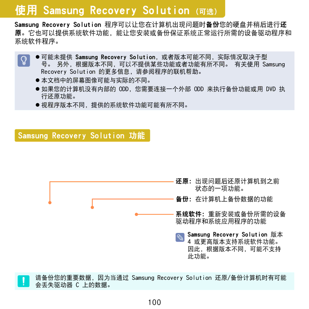 Samsung NP-NC20-KA01IT manual 100, 还原：出现问题后还原计算机到之前 状态的一项功能。 备份：在计算机上备份数据的功能 