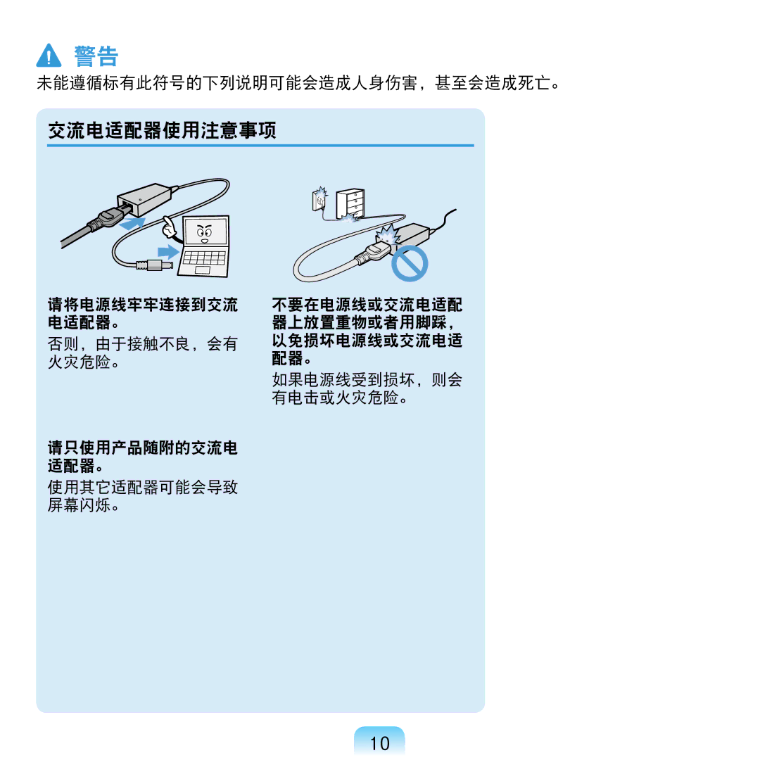 Samsung NP-NC20-KA01IT manual 交流电适配器使用注意事项 