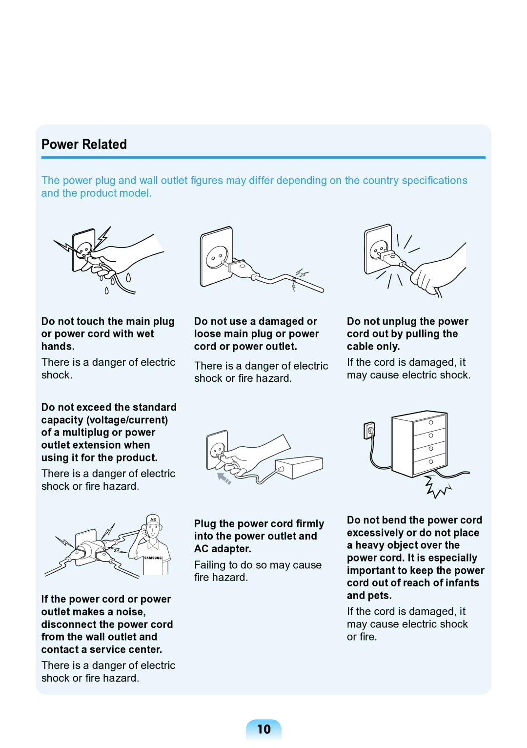 Samsung NP-ND10-DB01RU manual Power Related, Do not touch the main plug or power cord with wet hands 