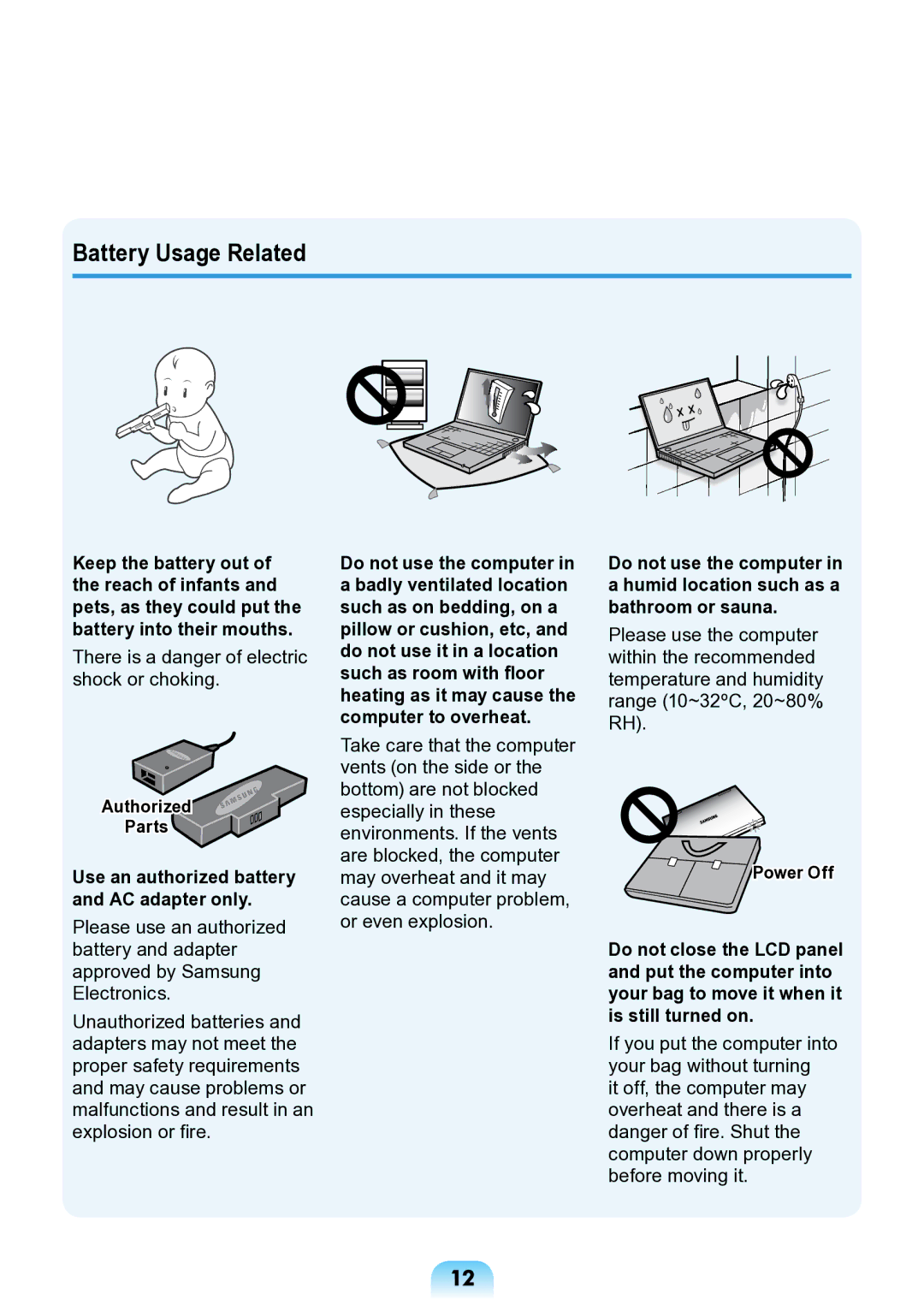 Samsung NP-ND10-DB01RU manual Battery Usage Related, Authorized Parts, Power Off 