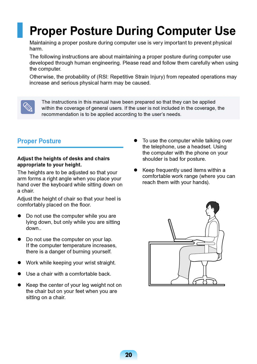 Samsung NP-ND10-DB01RU manual Proper Posture During Computer Use 