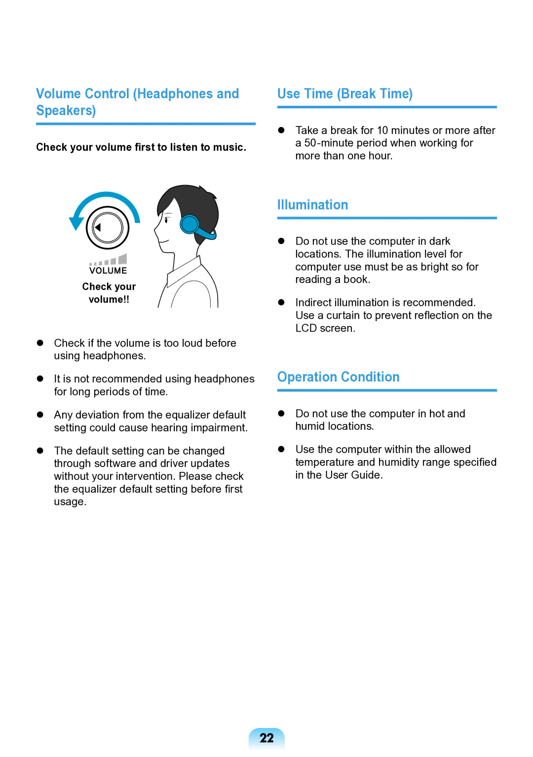 Samsung NP-ND10-DB01RU Volume Control Headphones and Speakers, Use Time Break Time, Illumination, Operation Condition 