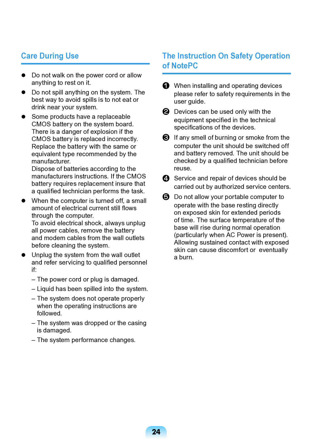 Samsung NP-ND10-DB01RU manual Care During Use, Instruction On Safety Operation of NotePC 