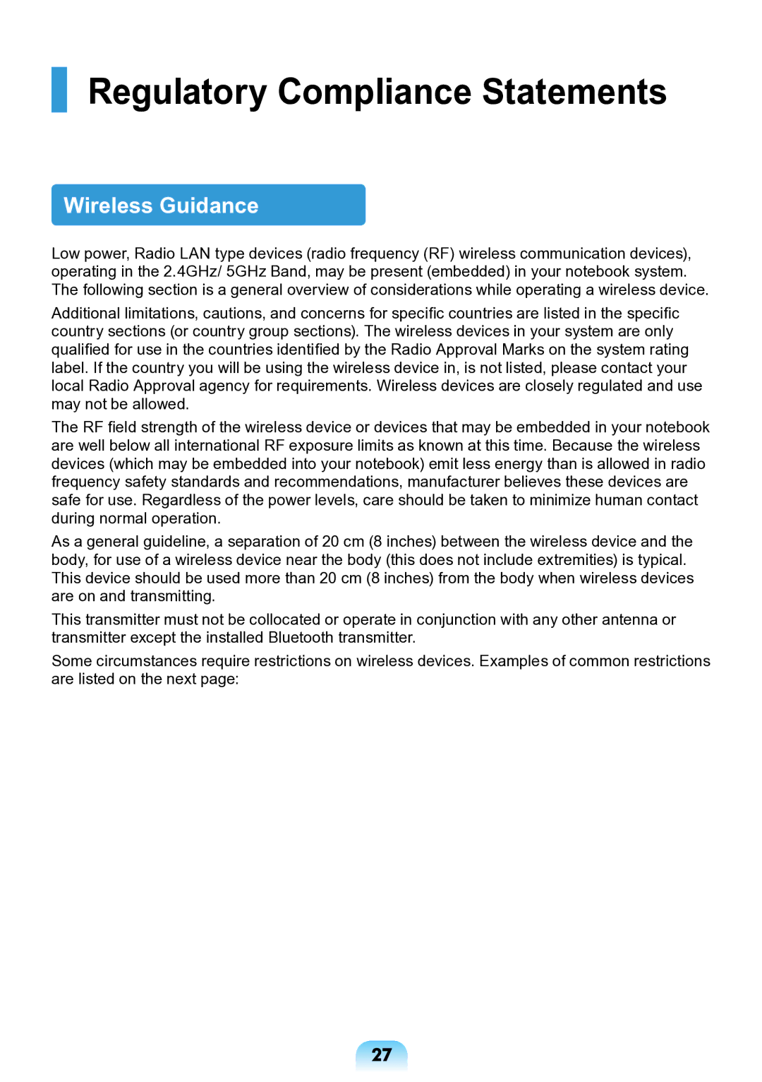 Samsung NP-ND10-DB01RU manual Regulatory Compliance Statements, Wireless Guidance 