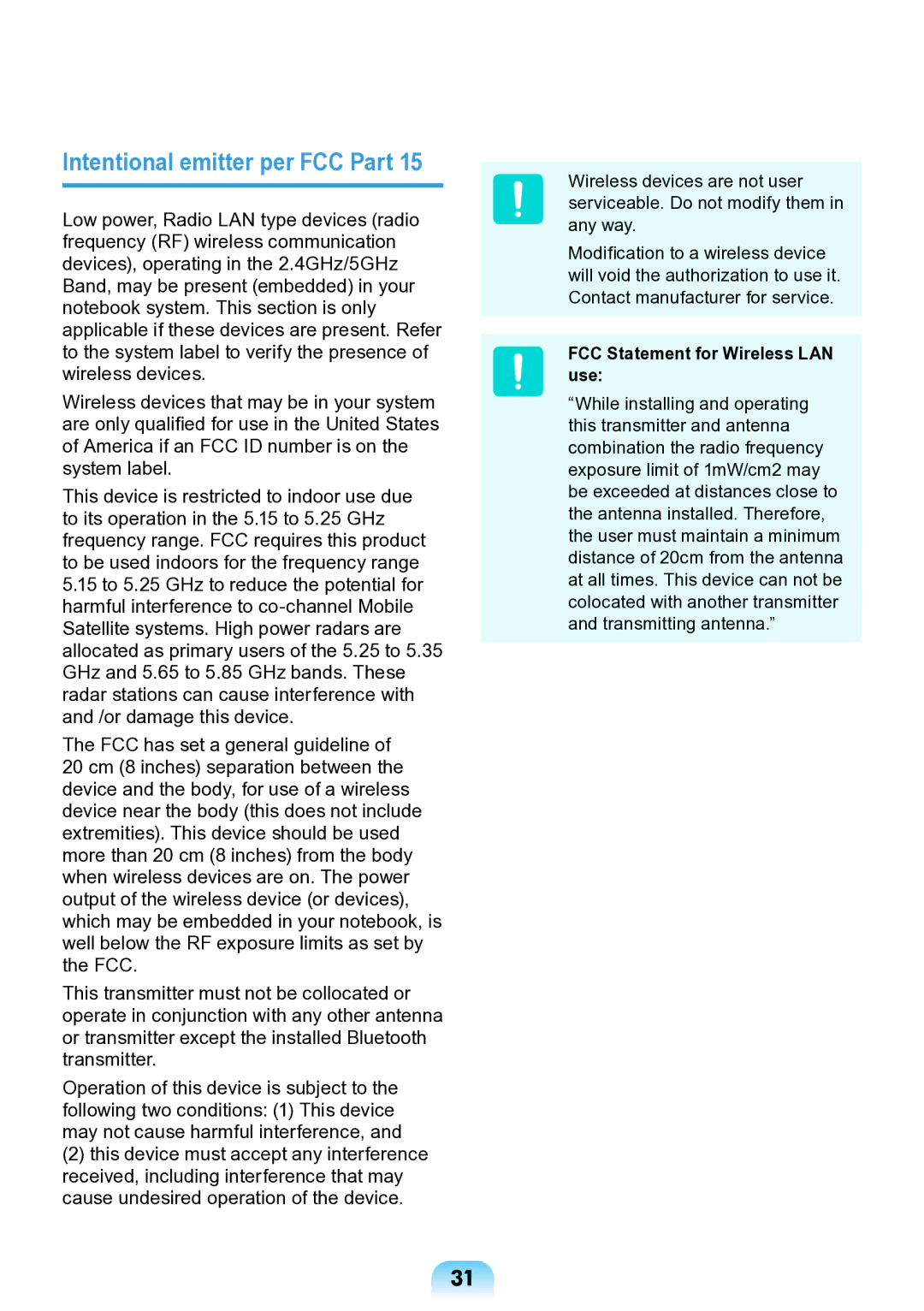 Samsung NP-ND10-DB01RU manual Intentional emitter per FCC Part, FCC Statement for Wireless LAN use 