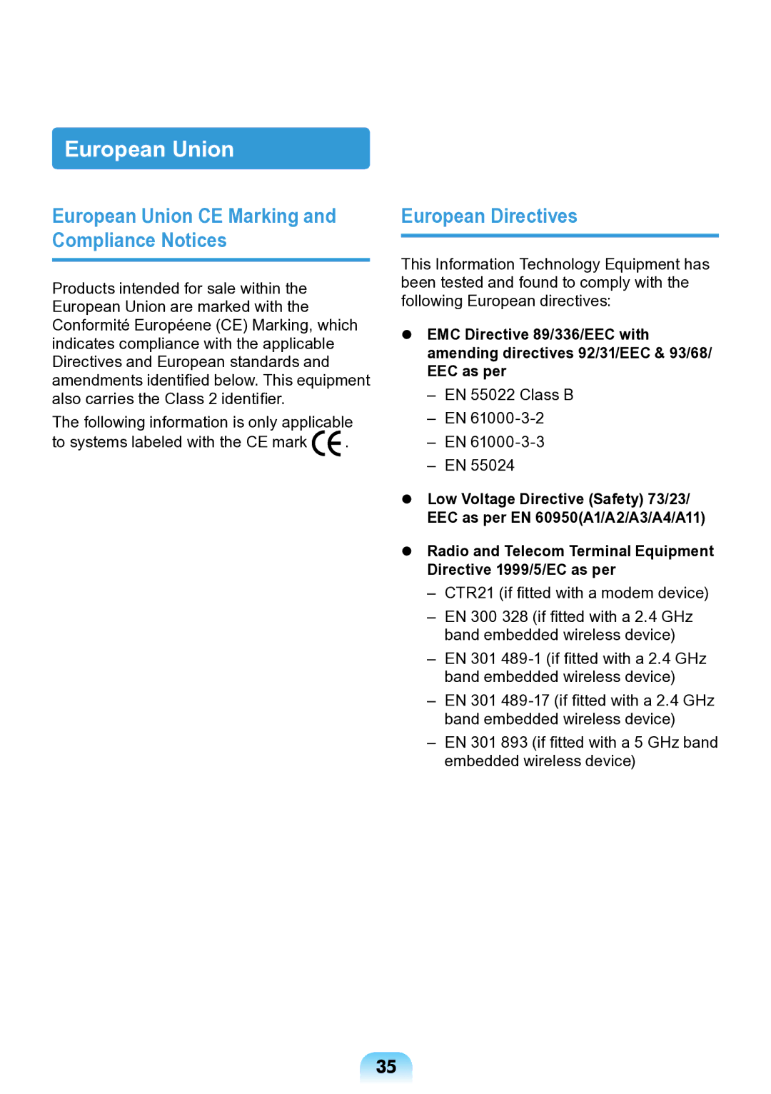 Samsung NP-ND10-DB01RU manual European Union CE Marking and Compliance Notices, European Directives 