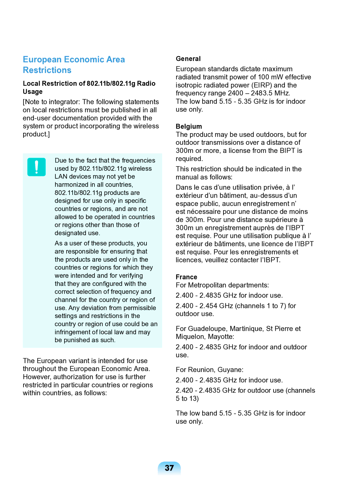 Samsung NP-ND10-DB01RU European Economic Area Restrictions, Local Restriction of 802.11b/802.11g Radio Usage, General 