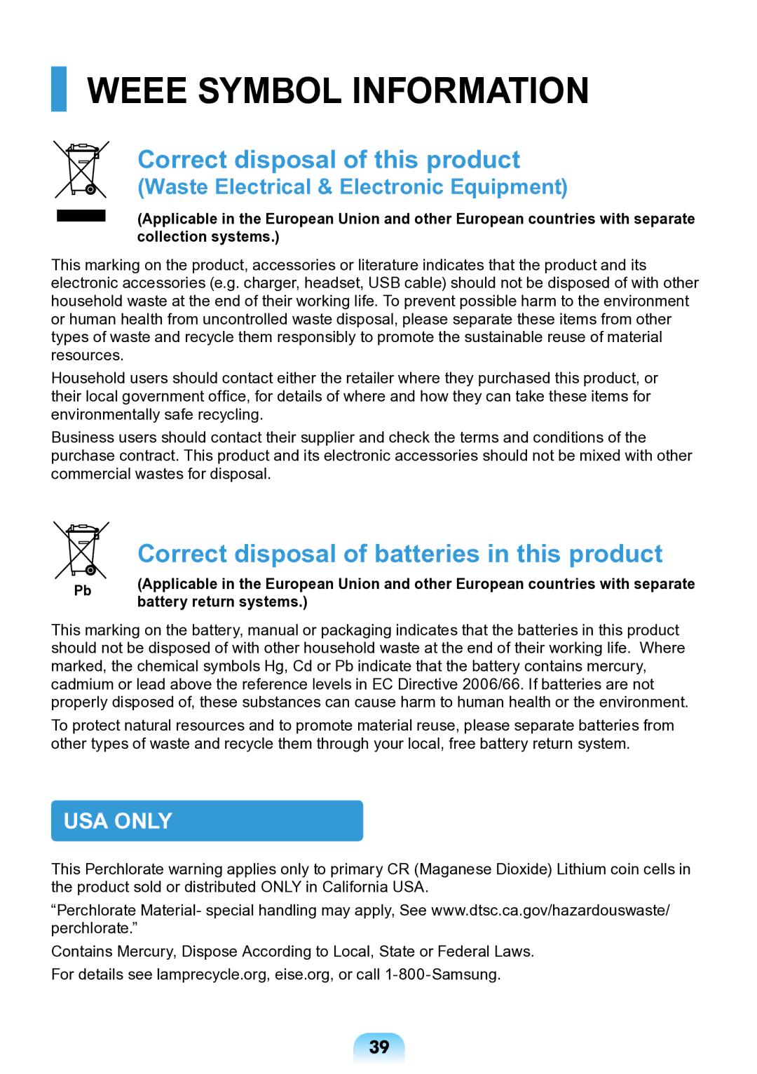 Samsung NP-ND10-DB01RU manual Weee Symbol Information, Battery return systems 