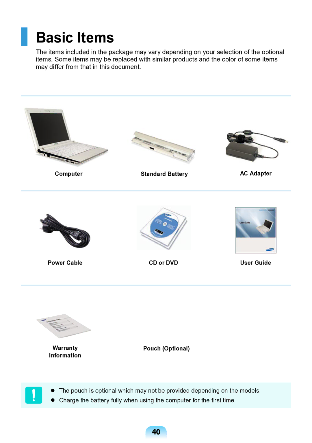 Samsung NP-ND10-DB01RU manual Basic Items 