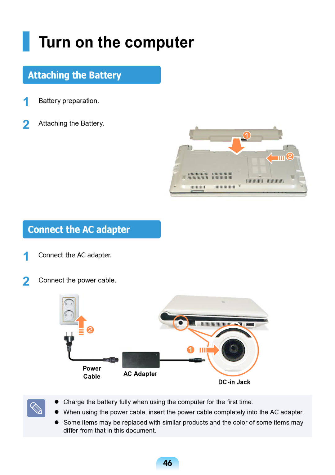 Samsung NP-ND10-DB01RU manual Turn on the computer, Attaching the Battery, Connect the AC adapter, Power AC Adapter Cable 