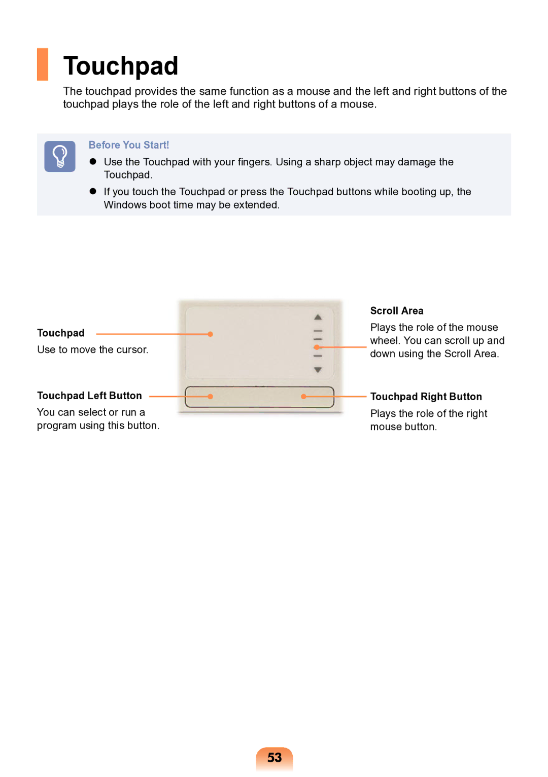 Samsung NP-ND10-DB01RU manual Touchpad Left Button, Scroll Area, Touchpad Right Button 