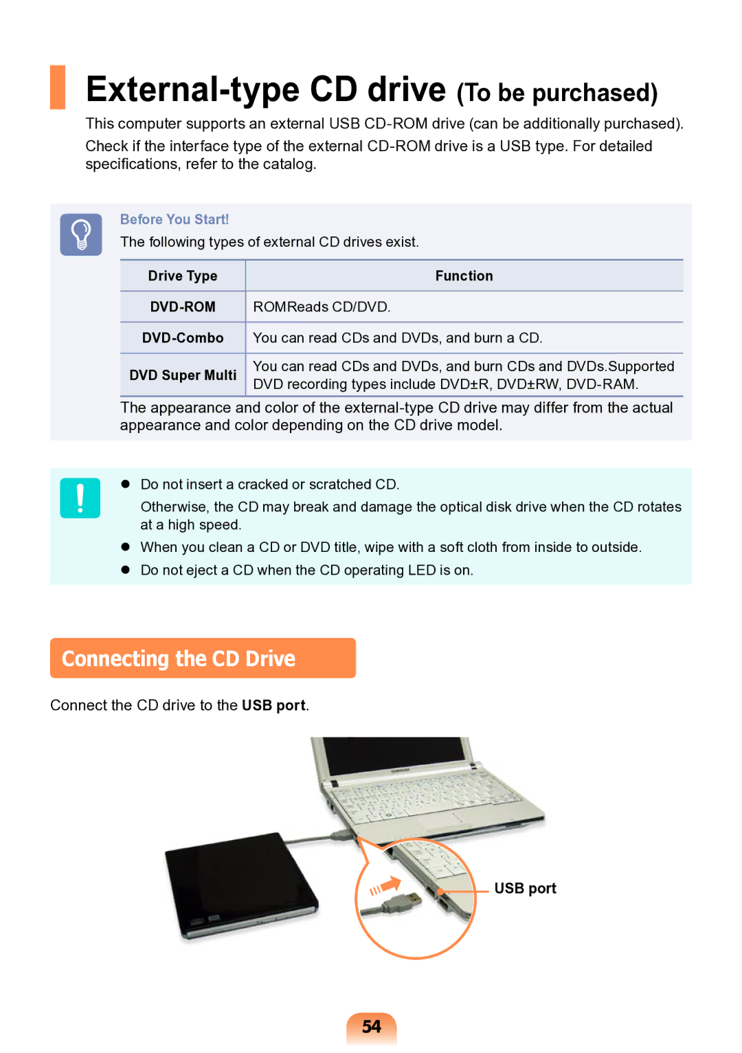 Samsung NP-ND10-DB01RU manual External-type CD drive To be purchased, Connecting the CD Drive, Drive Type Function 