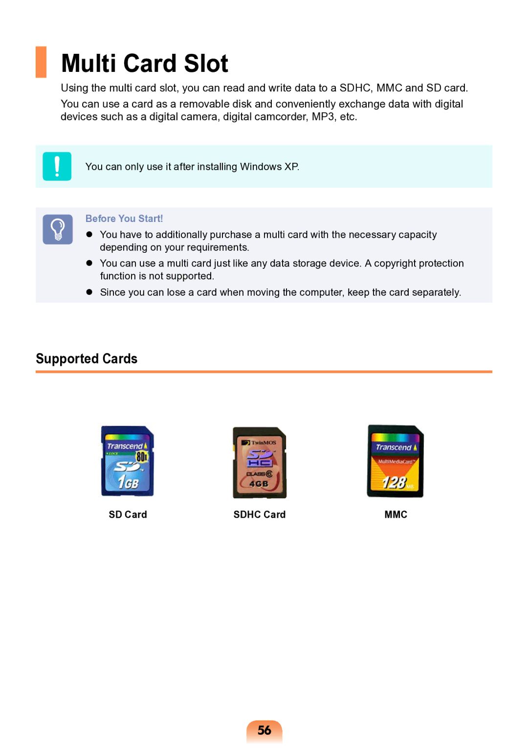 Samsung NP-ND10-DB01RU manual Multi Card Slot, Supported Cards, SD Card Sdhc Card 