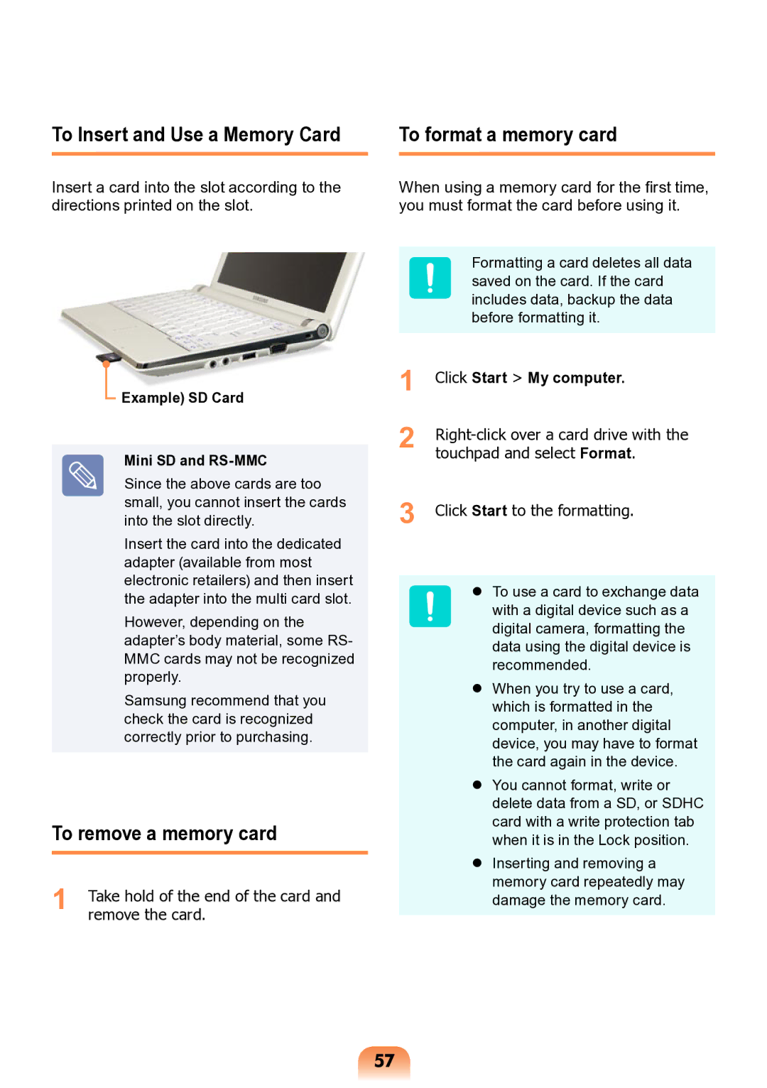 Samsung NP-ND10-DB01RU manual To Insert and Use a Memory Card, To remove a memory card, To format a memory card 