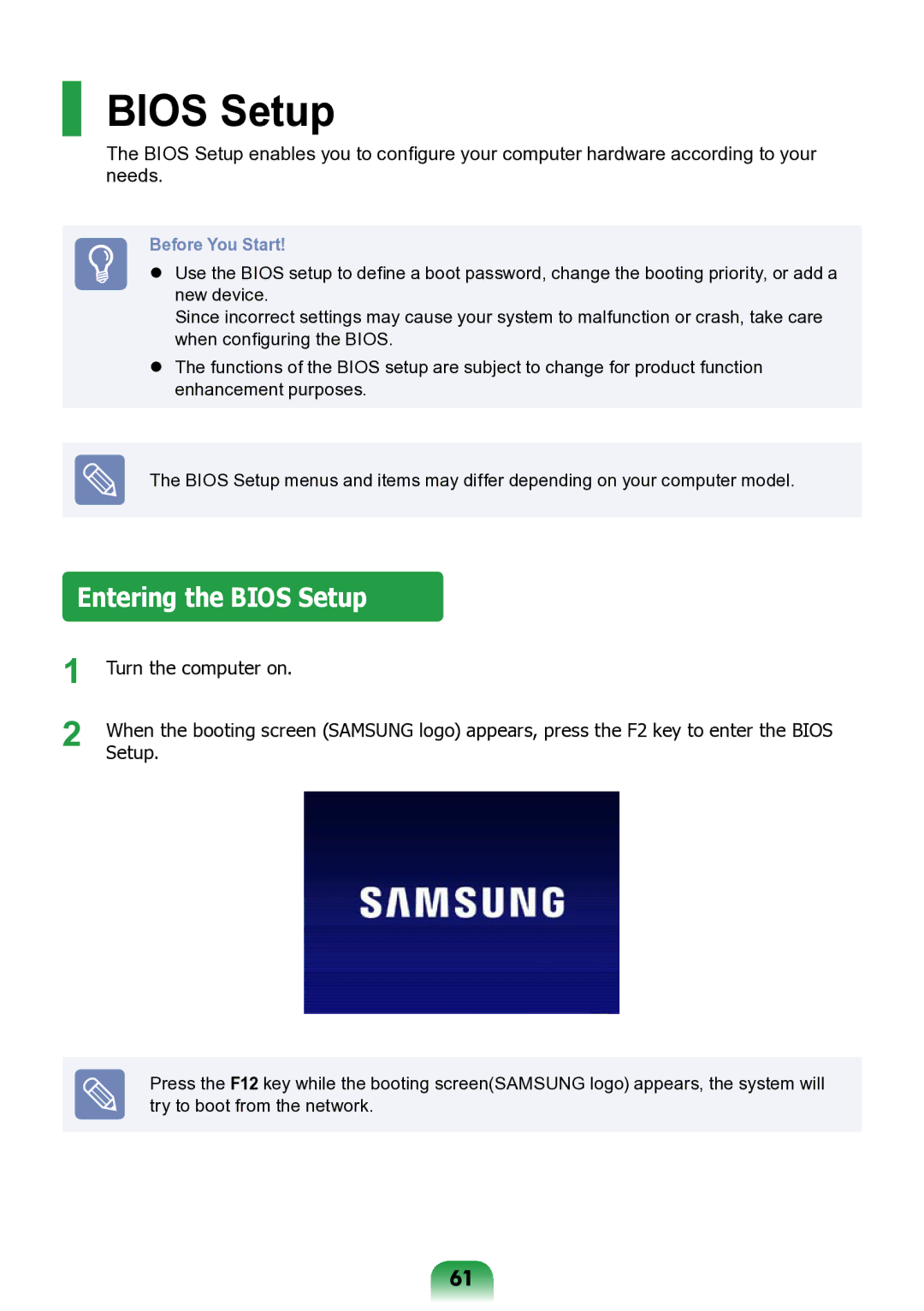 Samsung NP-ND10-DB01RU manual Entering the Bios Setup 