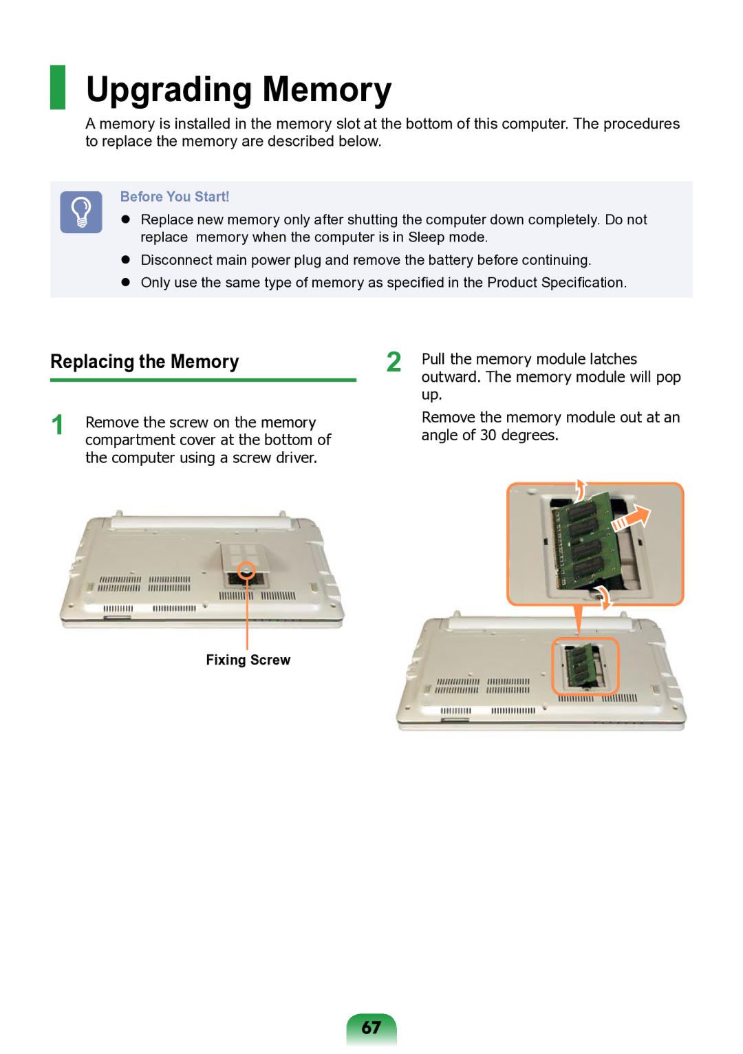 Samsung NP-ND10-DB01RU manual Upgrading Memory, Replacing the Memory, Fixing Screw 