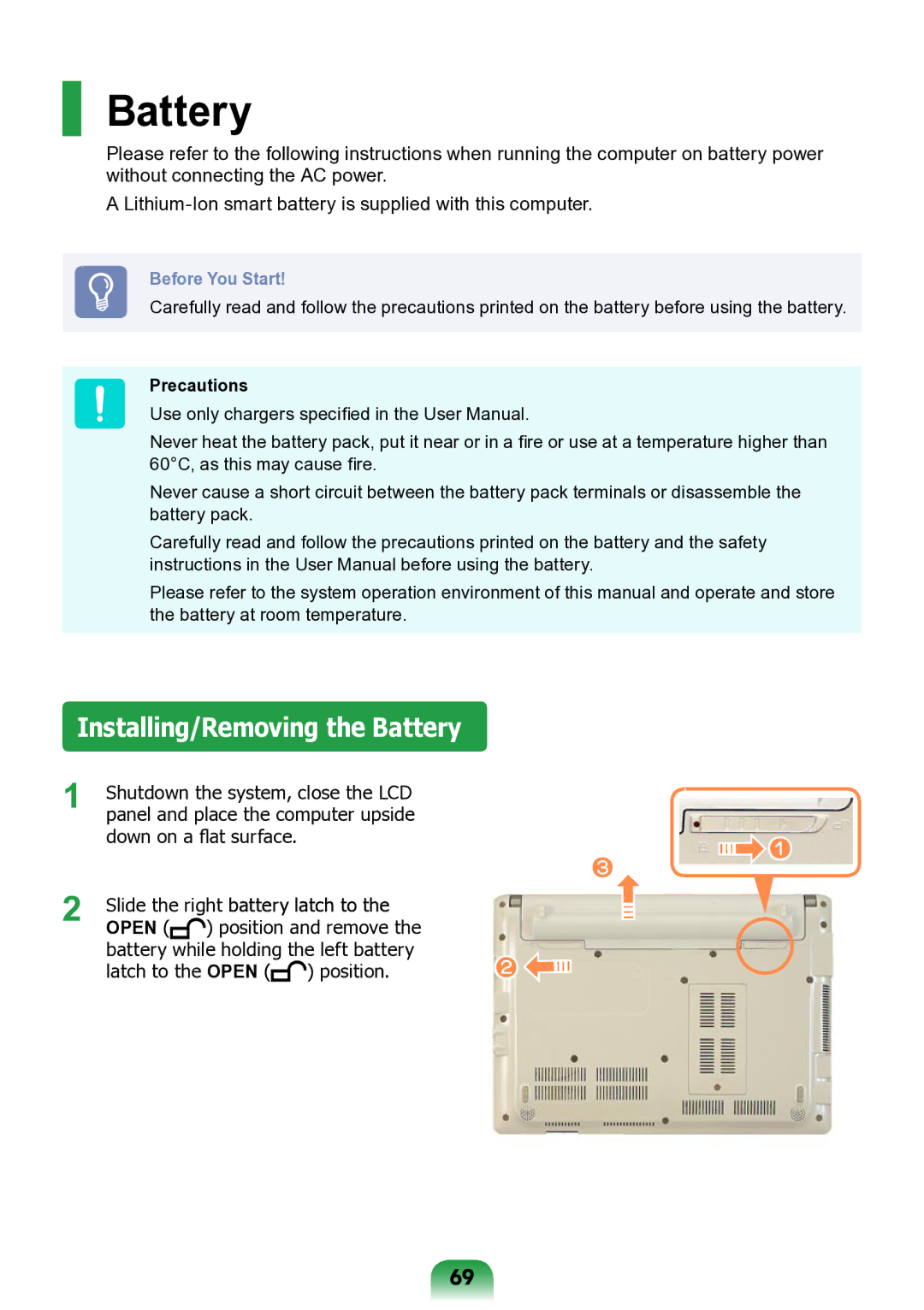 Samsung NP-ND10-DB01RU manual Installing/Removing the Battery, Precautions 