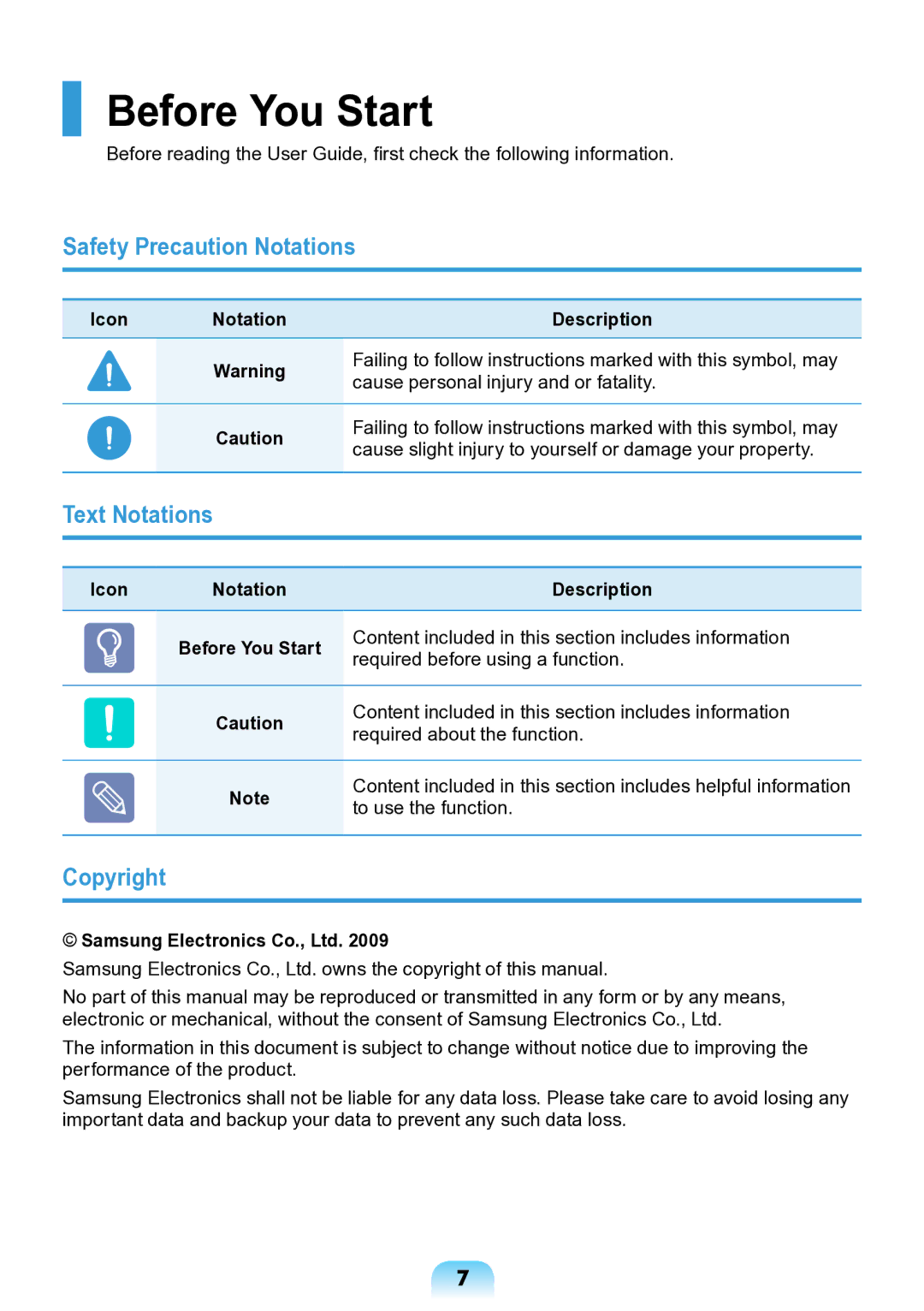 Samsung NP-ND10-DB01RU Before You Start, Safety Precaution Notations, Text Notations, Copyright, Icon Notation Description 