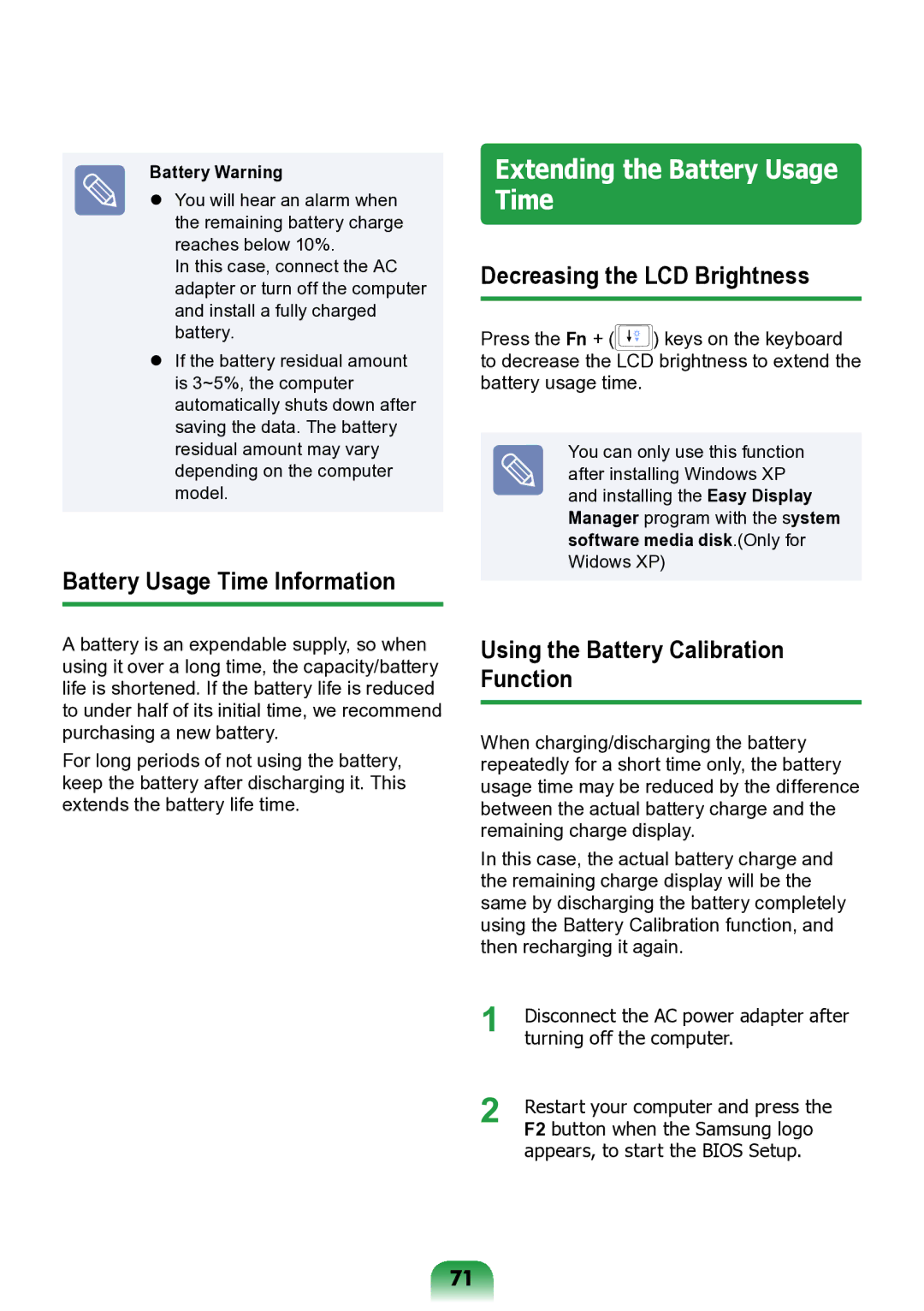 Samsung NP-ND10-DB01RU Extending the Battery Usage Time, Battery Usage Time Information, Decreasing the LCD Brightness 