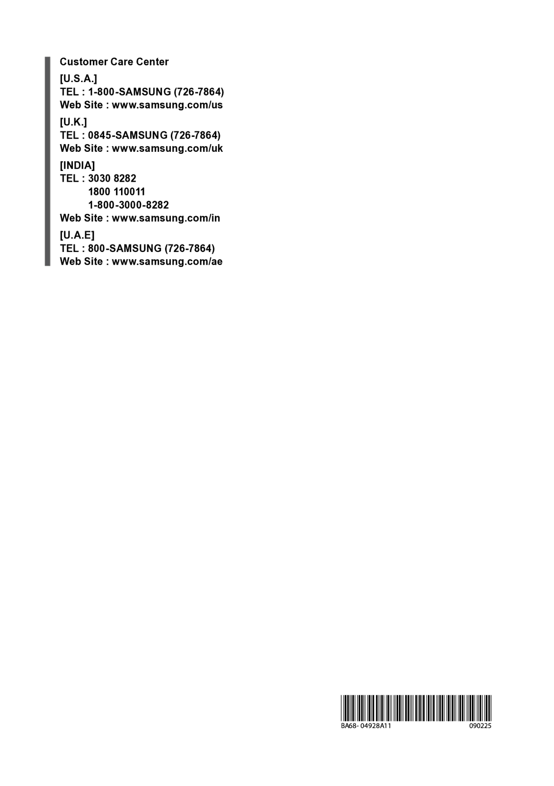 Samsung NP-ND10-DB01RU manual Customer Care Center TEL 1-800-SAMSUNG TEL 0845-SAMSUNG 