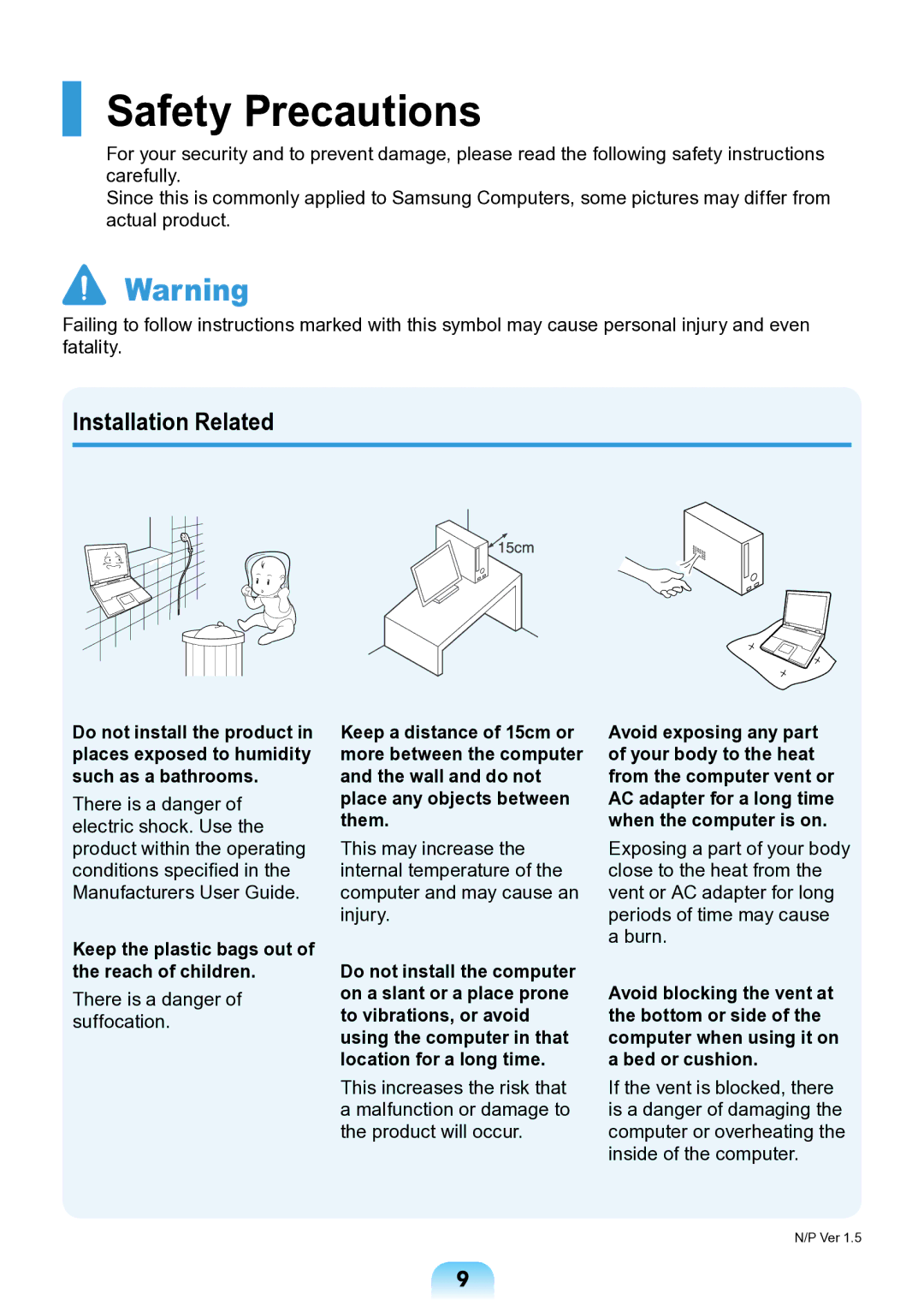 Samsung NP-ND10-DB01RU manual Safety Precautions, Installation Related, Keep the plastic bags out of the reach of children 