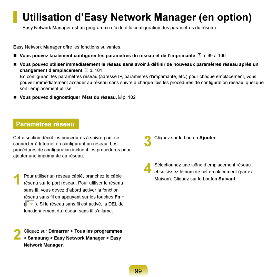 Samsung NP-P200-F000DE, NP-P200BM/DE, NP-P200-FA01FR manual Utilisation d’Easy Network Manager en option, Paramètres réseau 