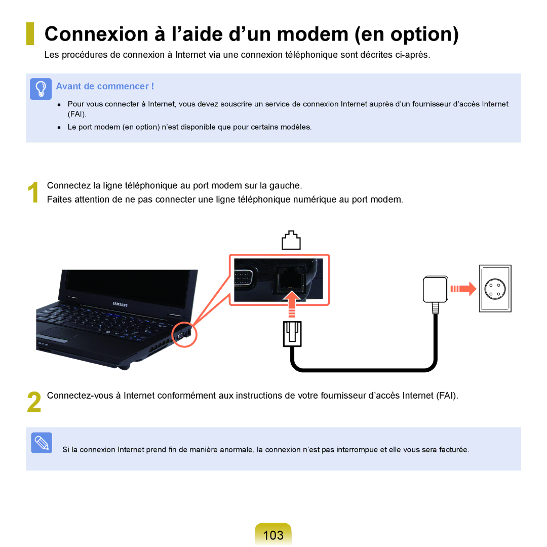 Samsung NP-P200-FA02FR, NP-P200BM/DE, NP-P200-F000DE, NP-P200-FA01FR manual Connexion à l’aide d’un modem en option, 103 