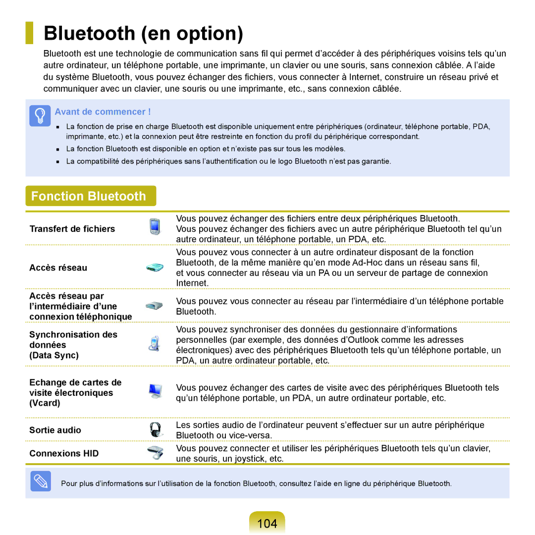 Samsung NP-P200-R000FR, NP-P200BM/DE, NP-P200-F000DE, NP-P200-FA01FR manual Bluetooth en option, Fonction Bluetooth, 104 