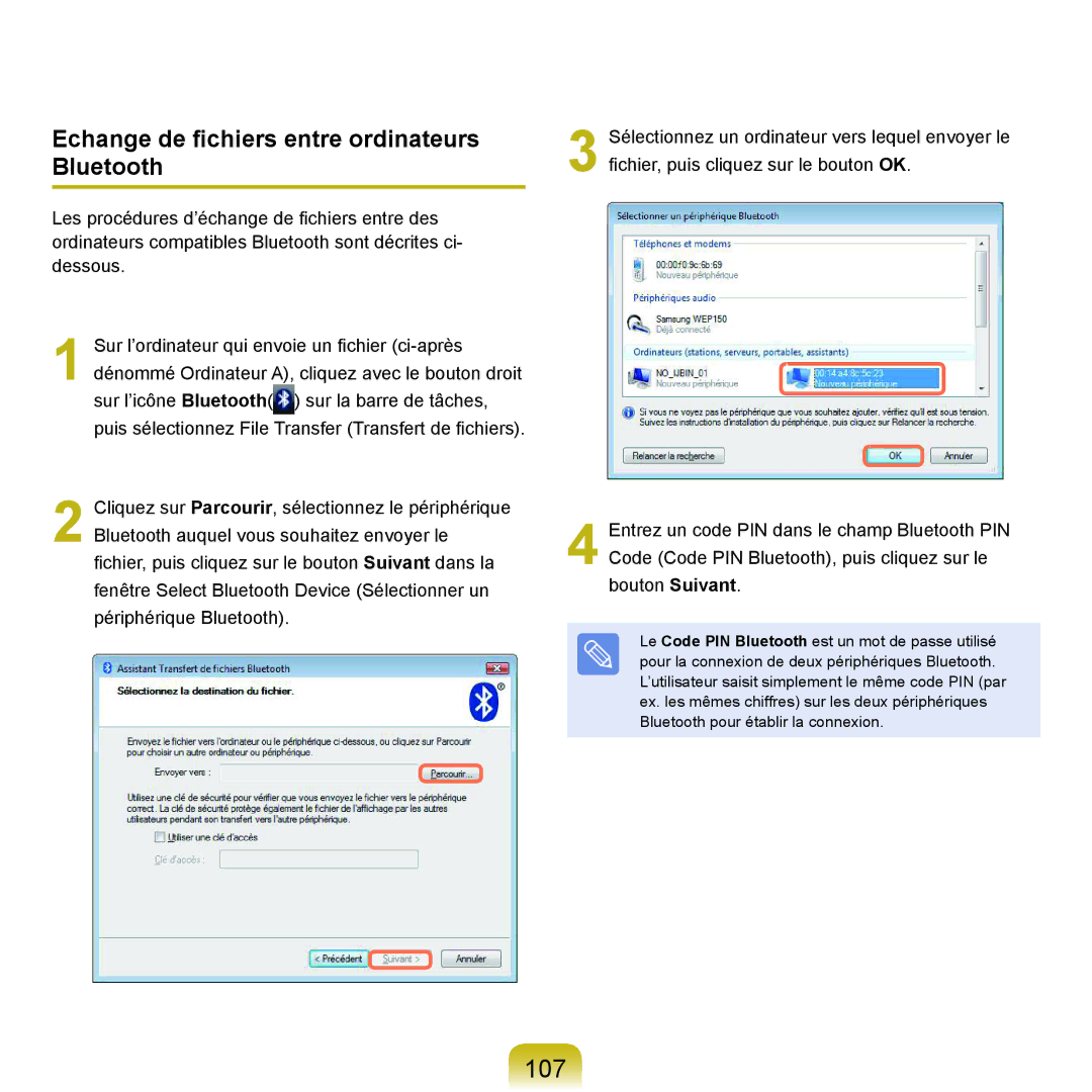 Samsung NP-P200-FA01DE, NP-P200BM/DE, NP-P200-F000DE, NP-P200-FA01FR 107, Echange de fichiers entre ordinateurs Bluetooth 