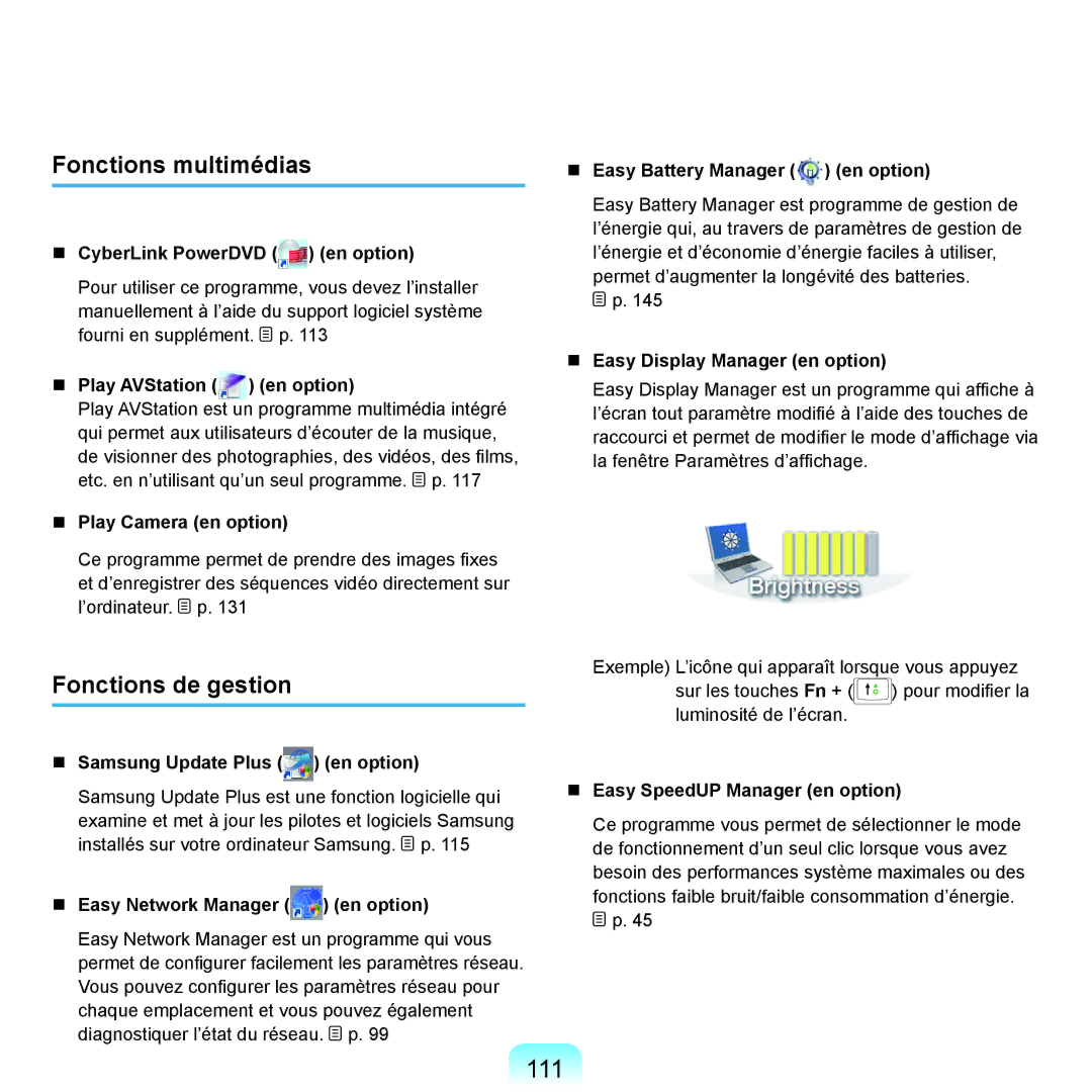 Samsung NP-P200-FA01FR, NP-P200BM/DE, NP-P200-F000DE, NP-P200-XA01FR manual 111, Fonctions multimédias, Fonctions de gestion 