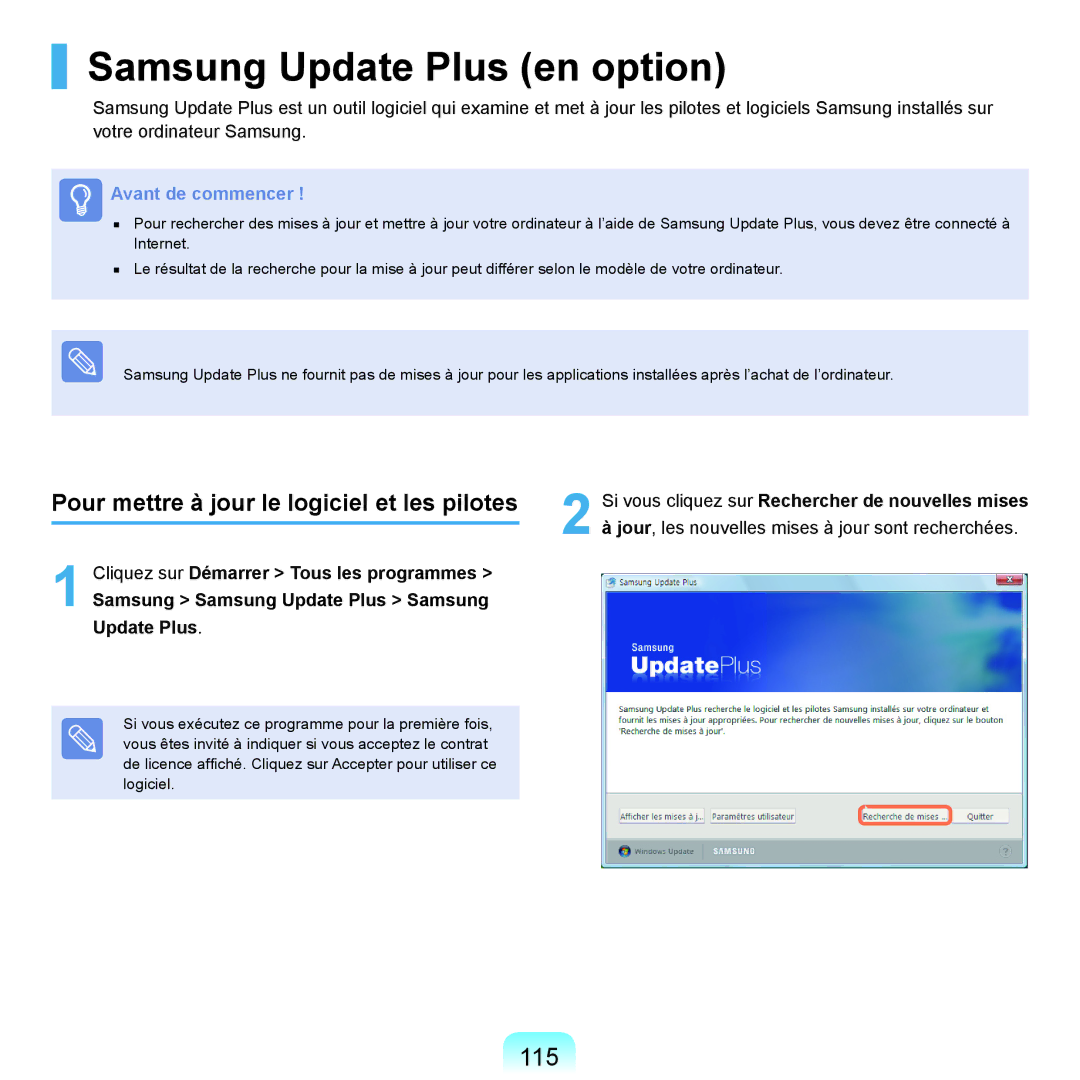 Samsung NP-P200-R000FR, NP-P200BM/DE Samsung Update Plus en option, 115, Pour mettre à jour le logiciel et les pilotes 