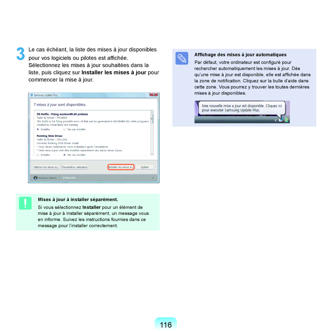 Samsung NP-P200-FA02DE, NP-P200BM/DE 116, Mises à jour à installer séparément, Affichage des mises à jour automatiques 